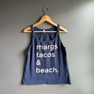 Mama Lou's Women Margs Tacos and Beach Graphic Tee Size M Navy Blue Scoop Neck